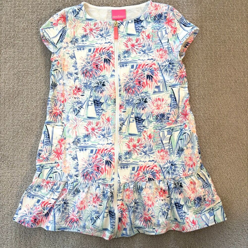 Lilly Pulitzer Girls Swim Cover Up Zip Sz L 8/10 Fireworks Coastal Beach Boat